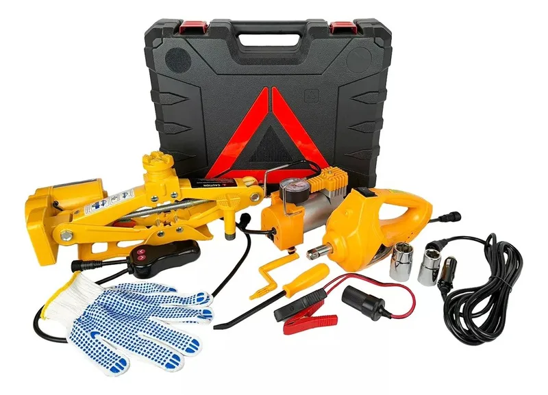 Macaco Elétrico + Chave de Roda 12V + Compressor 12V 3 Toneladas